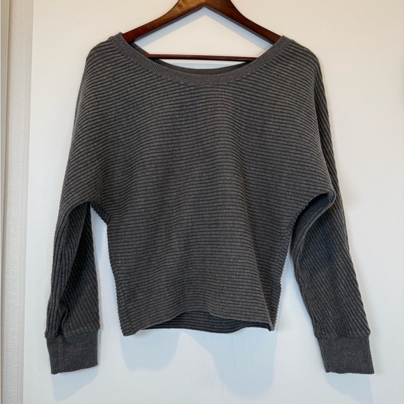 Joah Brown Charcoal Ribbed, Striped, Slouchy Long Sleeve Sweater Top Tee - Picture 1 of 6